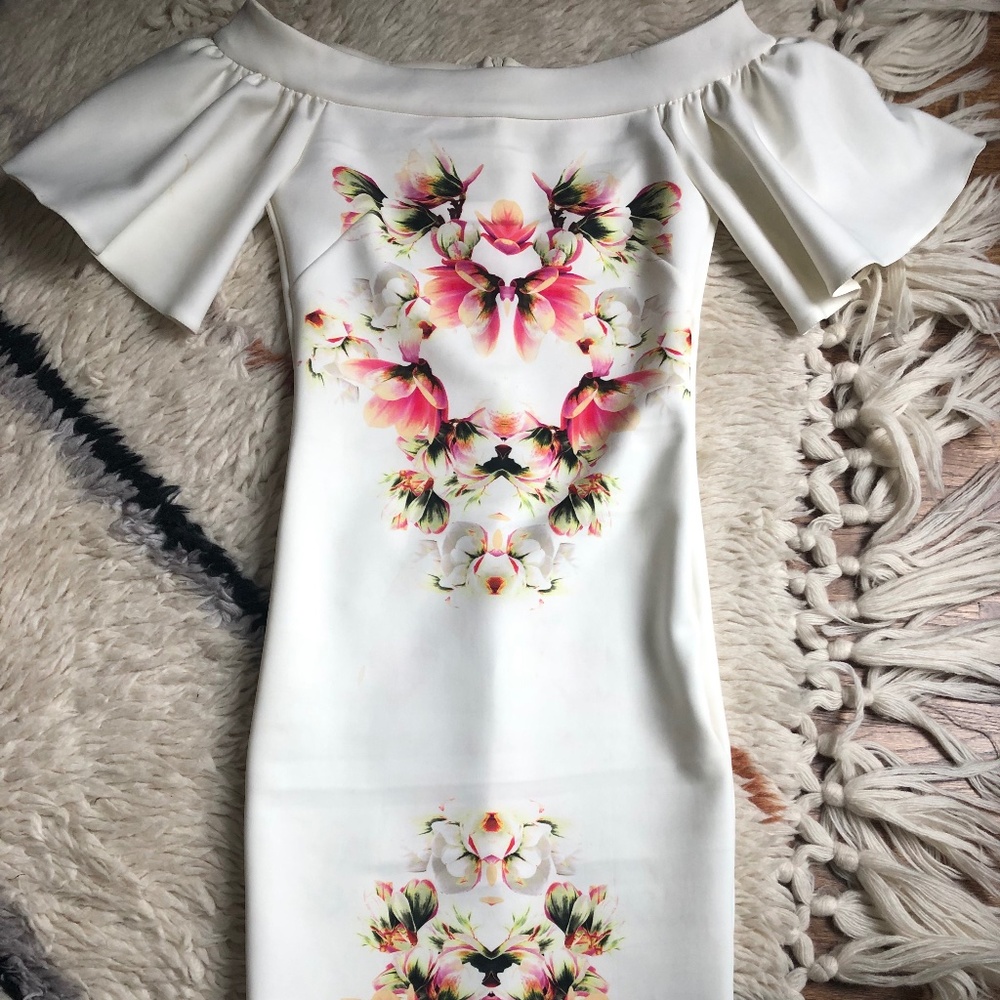 ASOS - white flutter sleeves bright floral cocktail midi dress - Women's 12